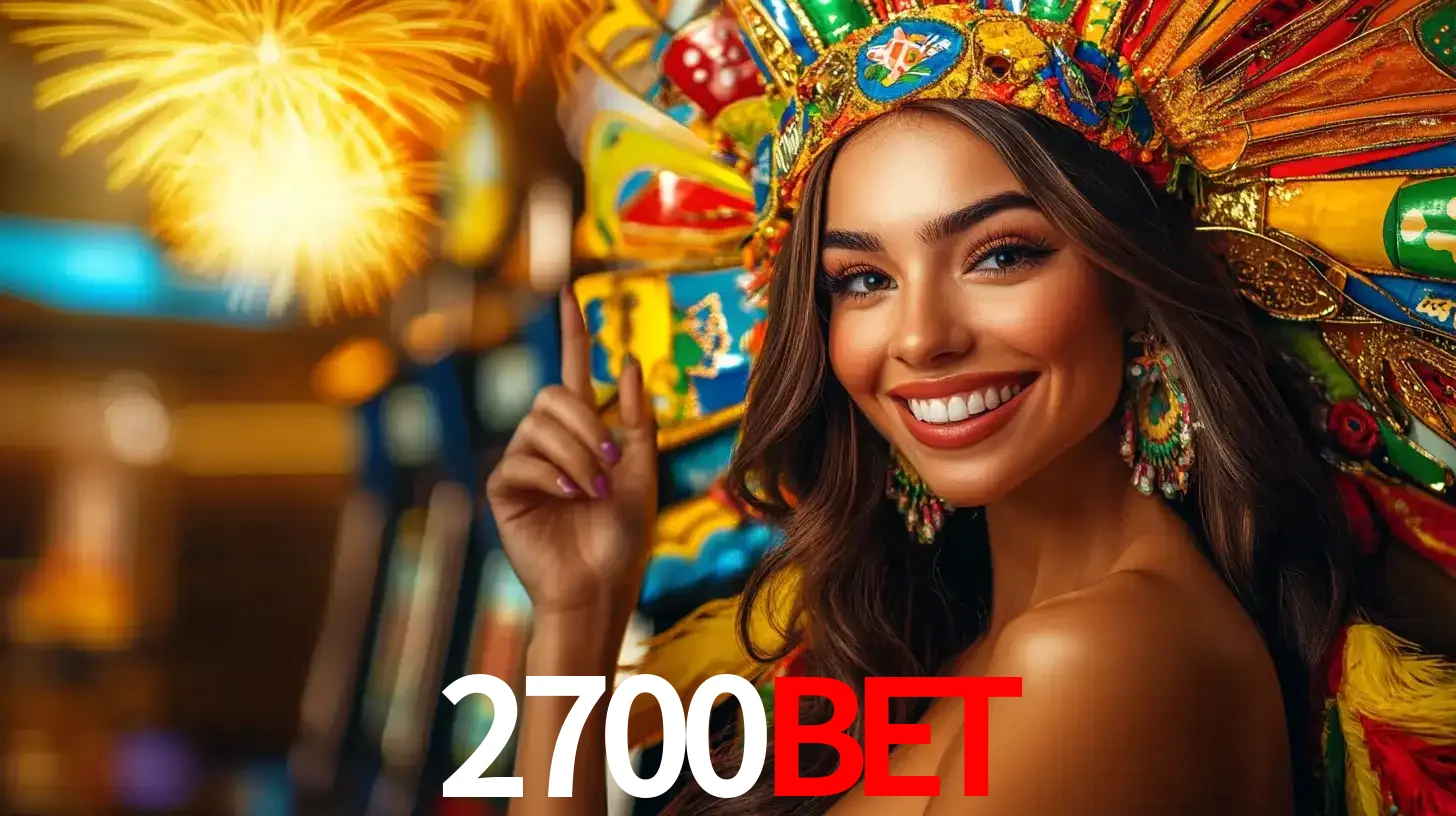 Mulher sorridente com um cocar de carnaval vibrante e colorido, celebrando uma grande vitória nos jogos do cassino 2700bet com fogos de artifício ao fundo.