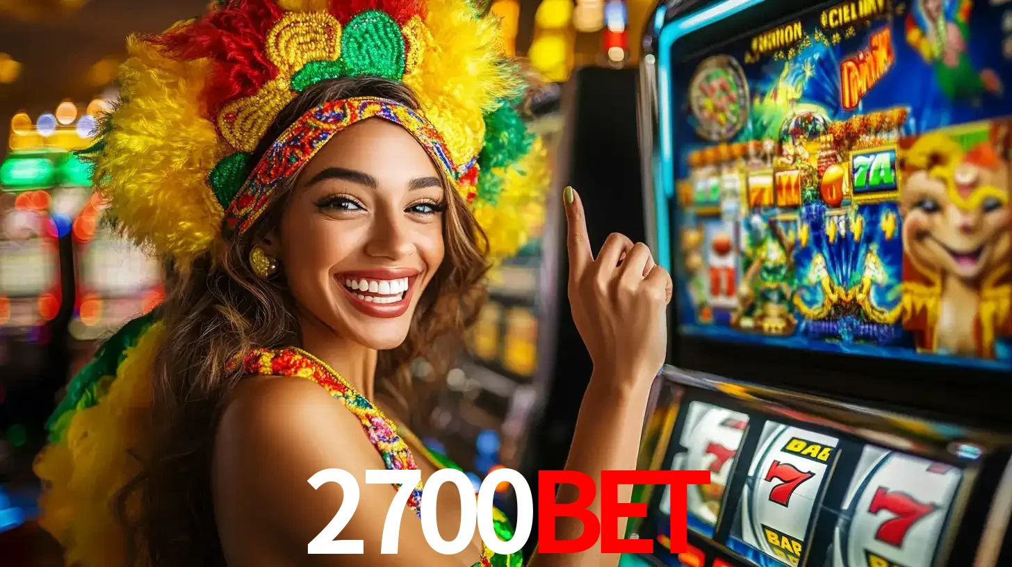 Mulher animada com um cocar de carnaval apontando para uma máquina de caça-níqueis, mostrando a emoção de ganhar um grande prêmio nos jogos do 2700bet.