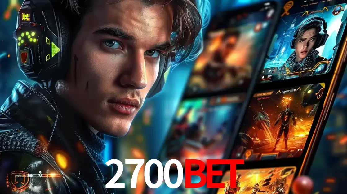 Jovem jogador com fones de ouvido olhando para a câmera, com um aplicativo de jogos e e-sports para celular ao fundo, pronto para a competição e apostas no 2700bet.