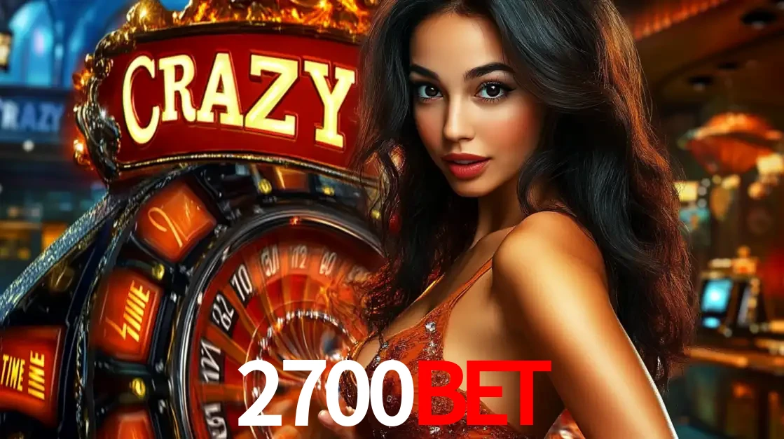 Mulher glamourosa olhando para a câmera com a roda vermelha do Crazy Time ao fundo em um ambiente de cassino, destacando a emoção dos jogos ao vivo no 2700bet.