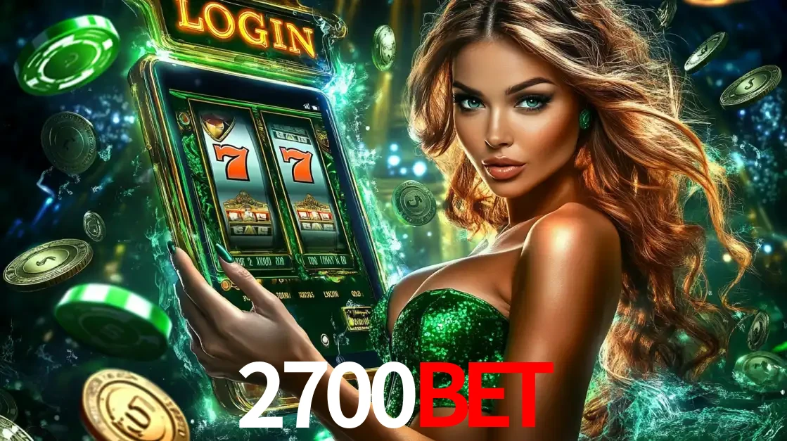 Mulher com tema verde apresentando o aplicativo do cassino 2700bet com um jogo de slot de 777, cercada por fichas de cassino e uma aura de sorte.