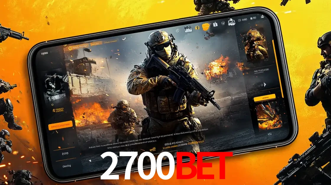 Um smartphone exibindo a interface de um jogo de tiro em primeira pessoa, com um soldado em um cenário de batalha, representando a ação dos e-sports para apostar no 2700bet.