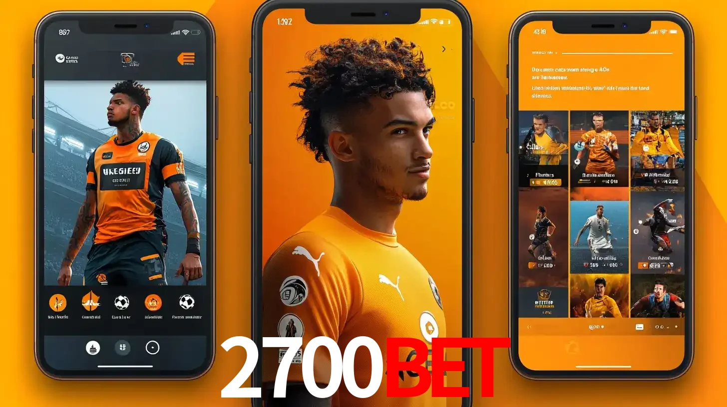 Interface do aplicativo de apostas esportivas 2700bet em três telas de celular, mostrando o perfil de um jogador de futebol e a lista de jogos disponíveis para apostar.