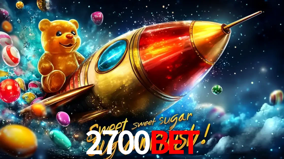 Arte promocional do jogo de slot Sugar Rush, com um urso de pelúcia em um foguete viajando pelo espaço de doces, um dos jogos divertidos disponíveis no cassino 2700bet.