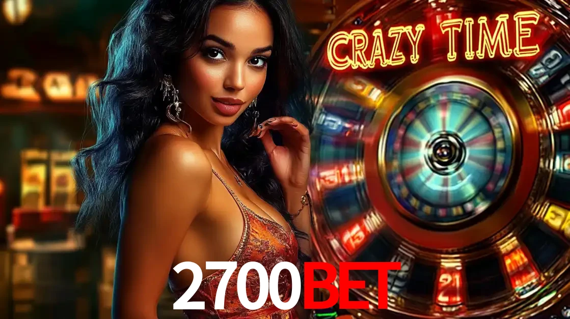 Mulher elegante ao lado da vibrante roda da fortuna do jogo de cassino ao vivo Crazy Time, um dos game shows mais populares e cheios de prêmios do 2700bet.