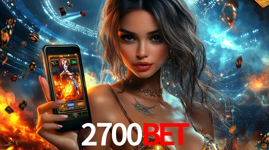 Mulher segurando um celular com um jogo de slot em destaque, tendo como fundo um estádio vibrante, simbolizando a emoção de jogar no cassino móvel 2700bet.