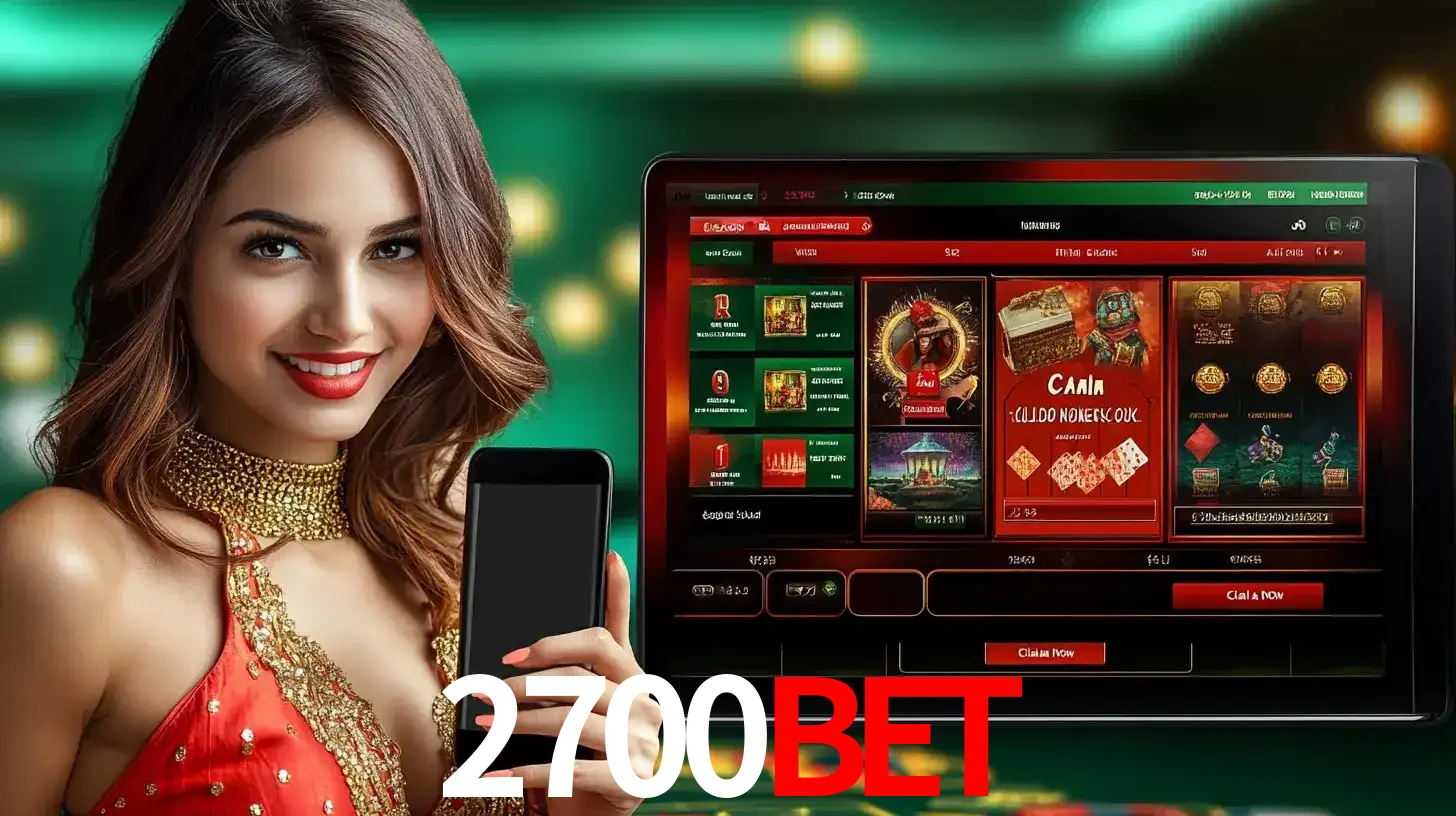 Mulher sorridente segurando um smartphone, ao lado de uma tela exibindo o lobby de jogos do cassino online 2700bet, com várias opções de jogos de cartas e slots.